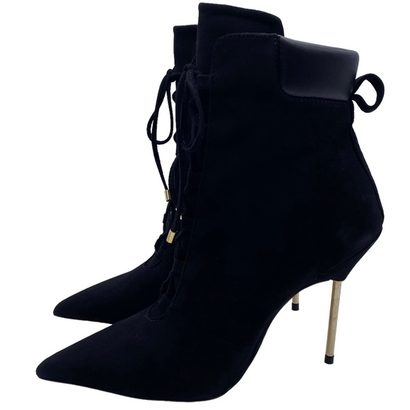 Good American Bootie Scandal Black Suede Leather Lace Up Heeled Ankle Size 7 - Picture 10 of 10